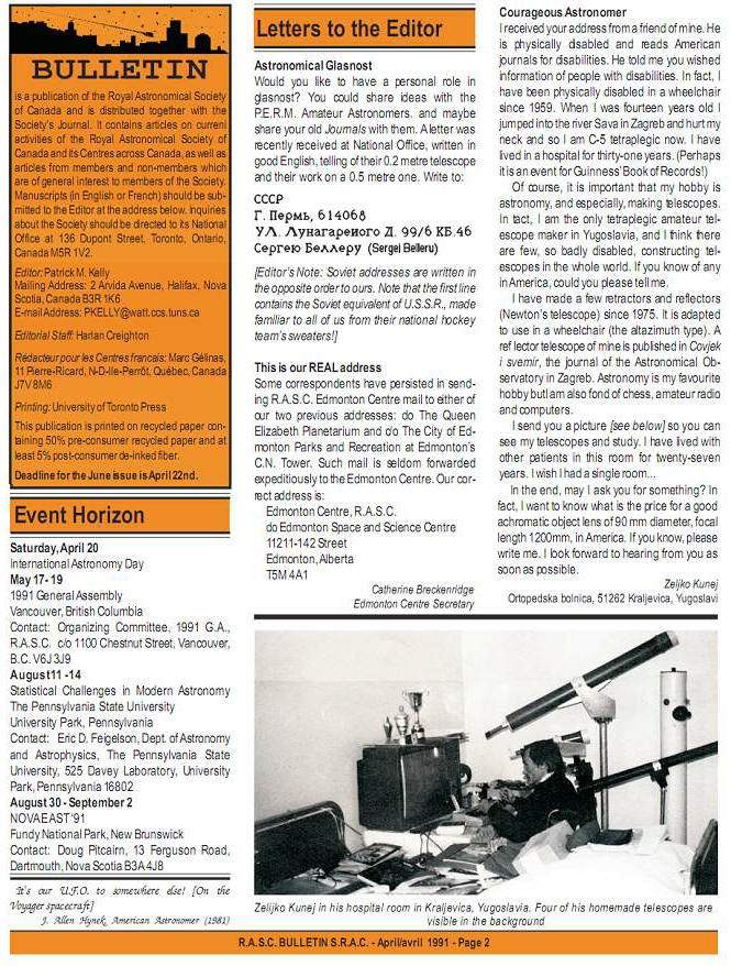 The Bulletin of the Royal Astronomical Society of Canada  1991 - 1996. Letters to the Editor -  Courageous Astronomer. Zeljko Kunej in his hospital room in Kraljevica, Yugoslavia. Four of his homemade telescopes are visible in the background 